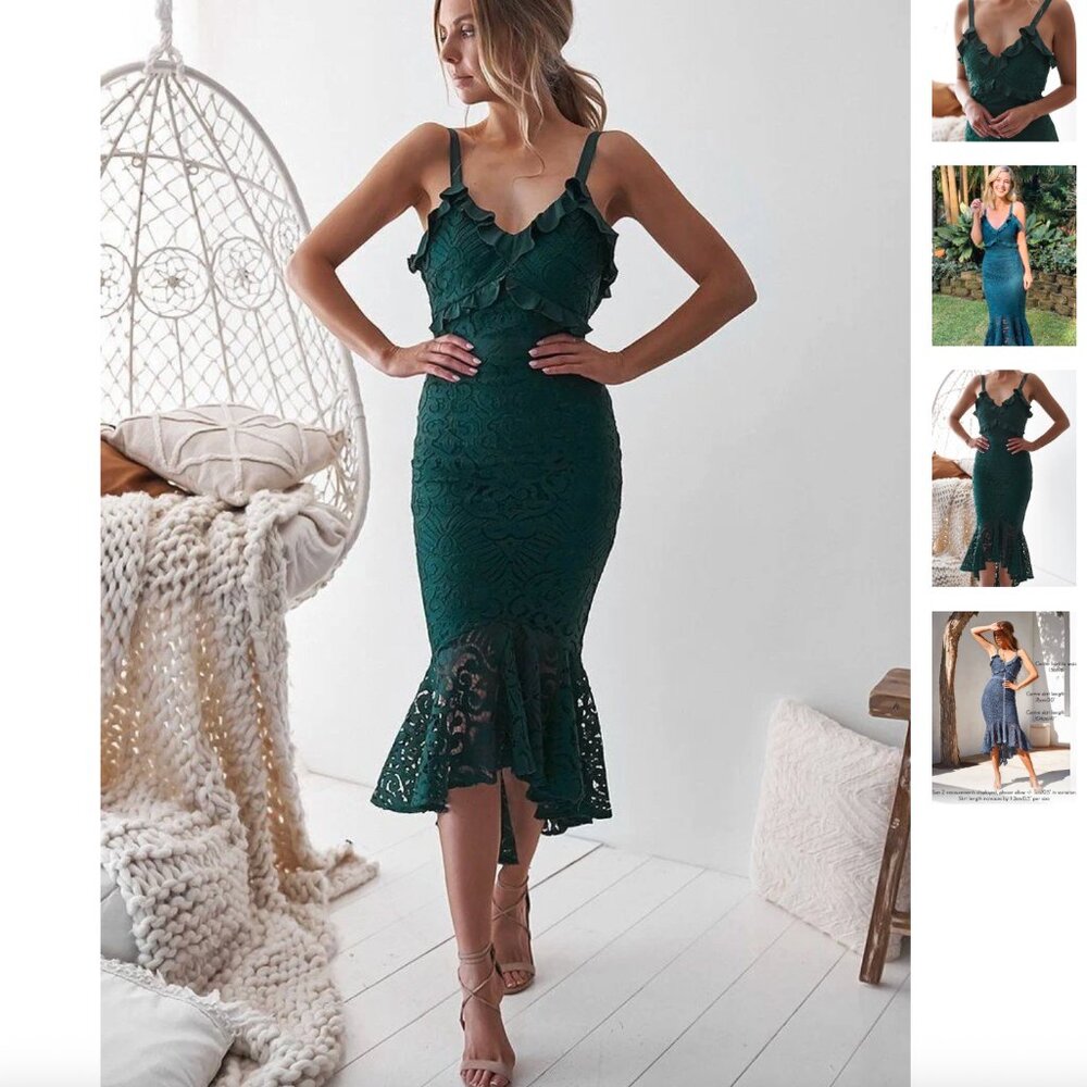Elegant Green Lace Midi Dress with Ruffle Hem